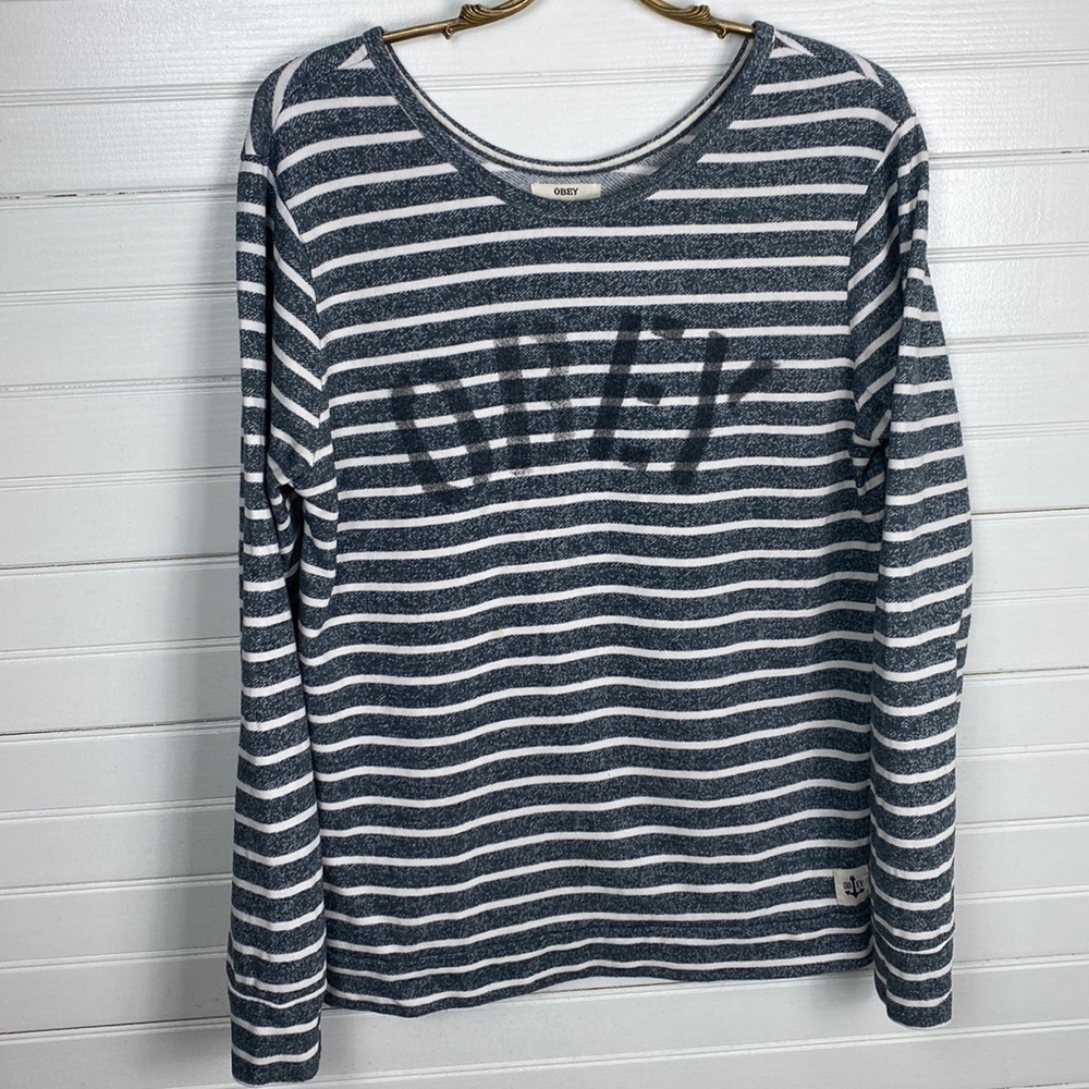 OBEY Grey and White Striped Crewneck Shirt Size Medium